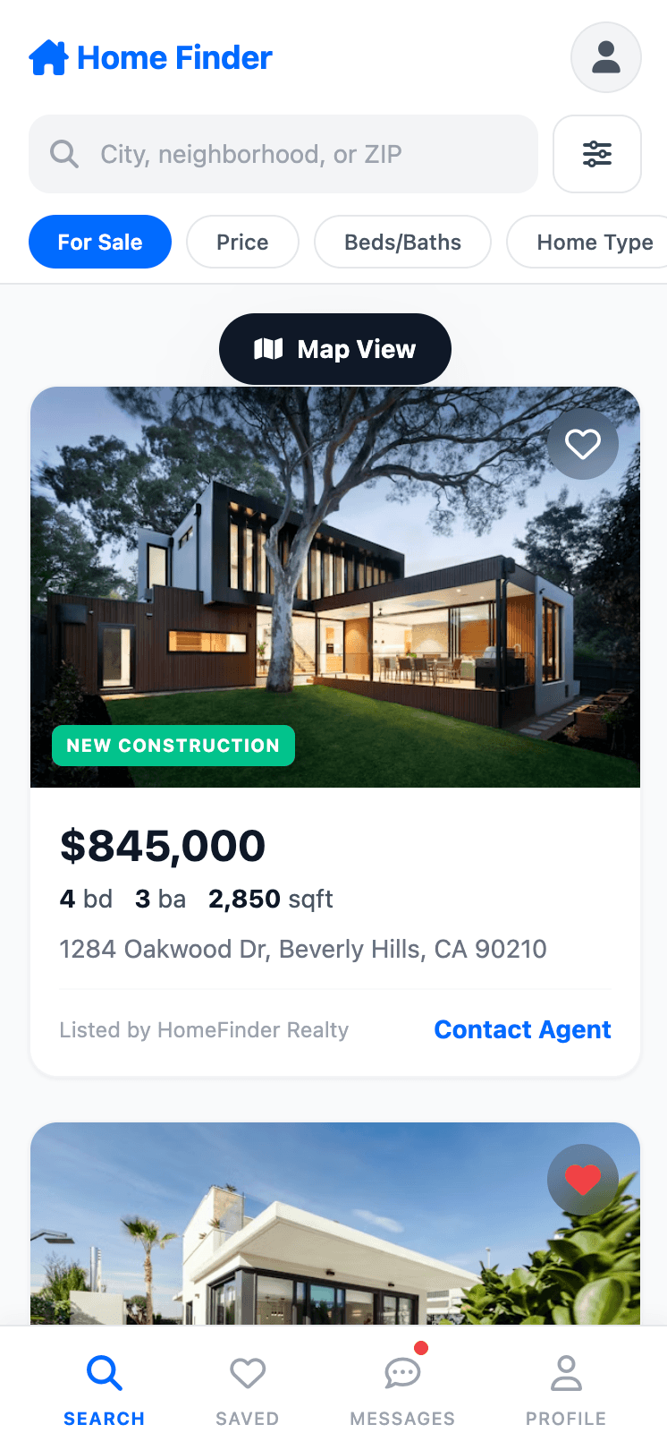 Mobile app showing property search