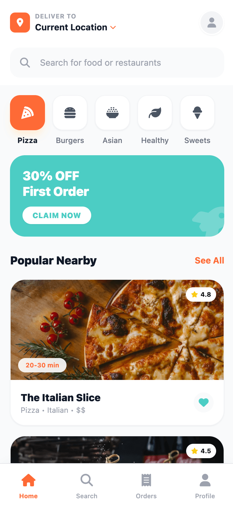 Food delivery app home screen