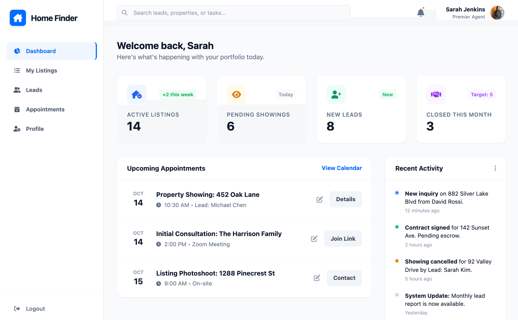 Web dashboard showing agent appointments and leads