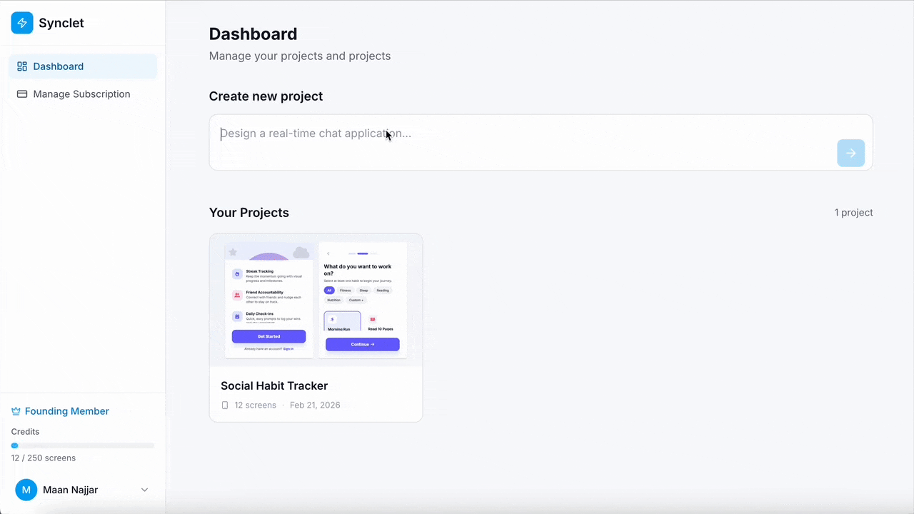Dashboard showing the Create new project input field with a product idea being typed